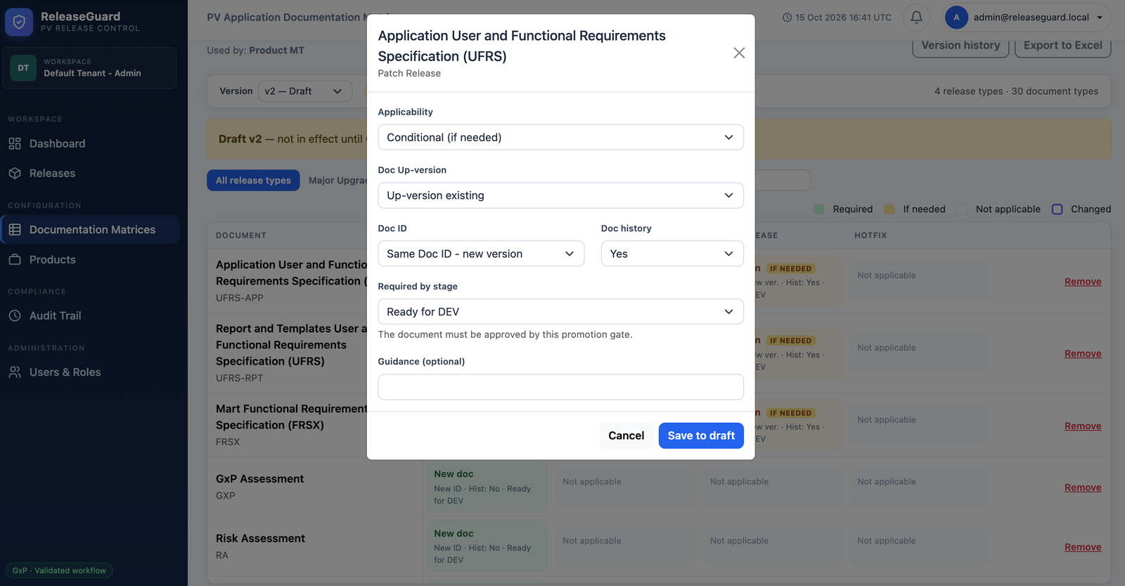 ReleaseGuard rule configuration dialog setting applicability, up-versioning behaviour, document ID rule, history requirement, and required-by-stage gate